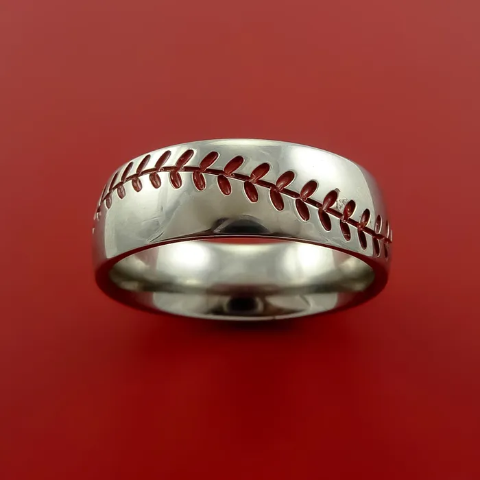 Lashbrook Titanium Ring with Baseball Stitching and Cerakote Inlays Custom Made Band Rings Lashbrook Titanium Ring with Baseball Stitching and Cerakote Inlays Custom Made Band Rings