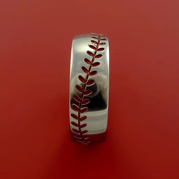 Lashbrook Titanium Ring with Baseball Stitching and Cerakote Inlays Custom Made Band Rings Lashbrook Titanium Ring with Baseball Stitching and Cerakote Inlays Custom Made Band Rings