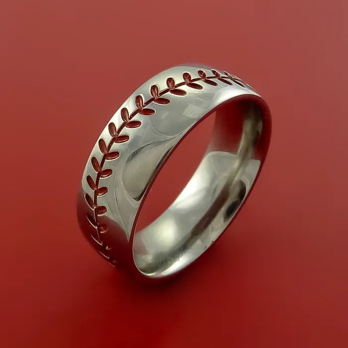 Lashbrook Titanium Ring with Baseball Stitching and Cerakote Inlays Custom Made Band Rings Lashbrook Titanium Ring with Baseball Stitching and Cerakote Inlays Custom Made Band Rings
