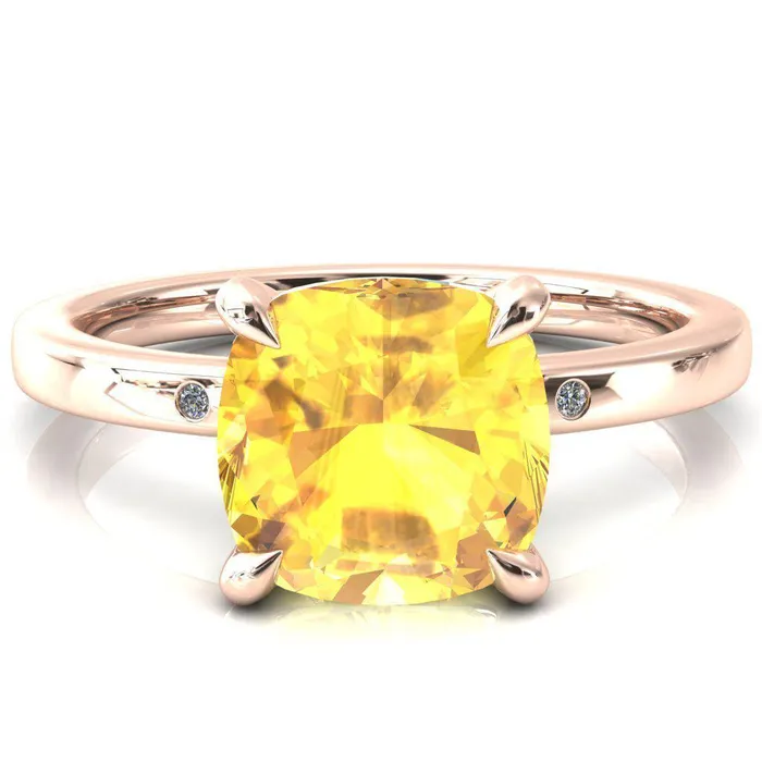 Maise Cushion Yellow Sapphire 4 Prong Diamond Accent Engagement Ring Fire Brilliance Rings
