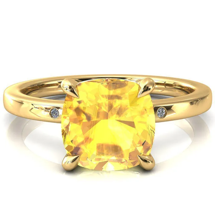 Maise Cushion Yellow Sapphire 4 Prong Diamond Accent Engagement Ring Fire Brilliance Rings