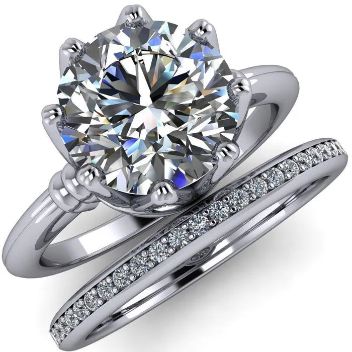 Monarch Round Center Stone Double Groove Shoulder 8 Prong Engagement Ring Fire Brilliance Rings