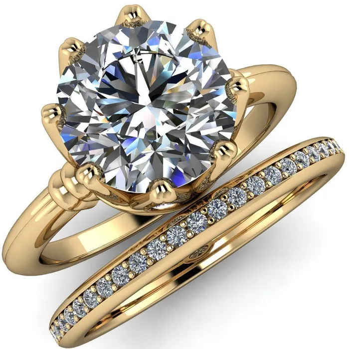 Monarch Round Center Stone Double Groove Shoulder 8 Prong Engagement Ring Fire Brilliance Rings