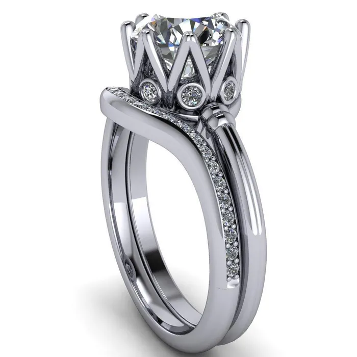 Monarch Round Center Stone Double Groove Shoulder 8 Prong Engagement Ring Fire Brilliance Rings