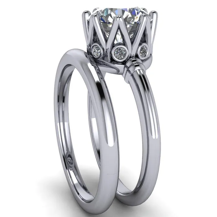 Monarch Round Center Stone Double Groove Shoulder 8 Prong Engagement Ring Fire Brilliance Rings