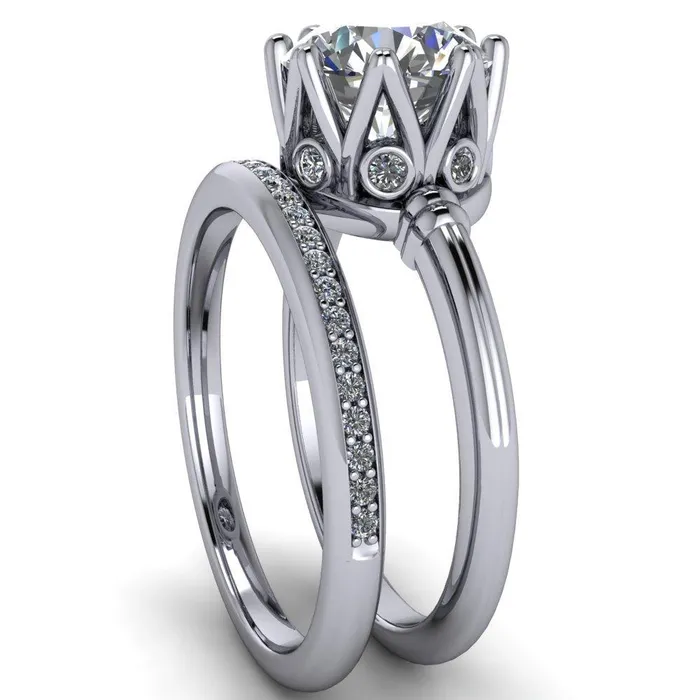 Monarch Round Center Stone Double Groove Shoulder 8 Prong Engagement Ring Fire Brilliance Rings