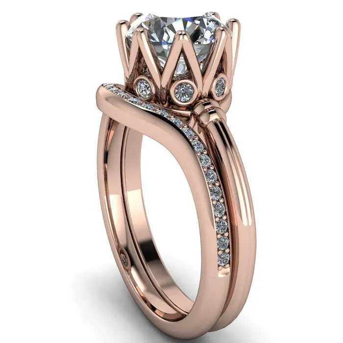 Monarch Round Center Stone Double Groove Shoulder 8 Prong Engagement Ring Fire Brilliance Rings
