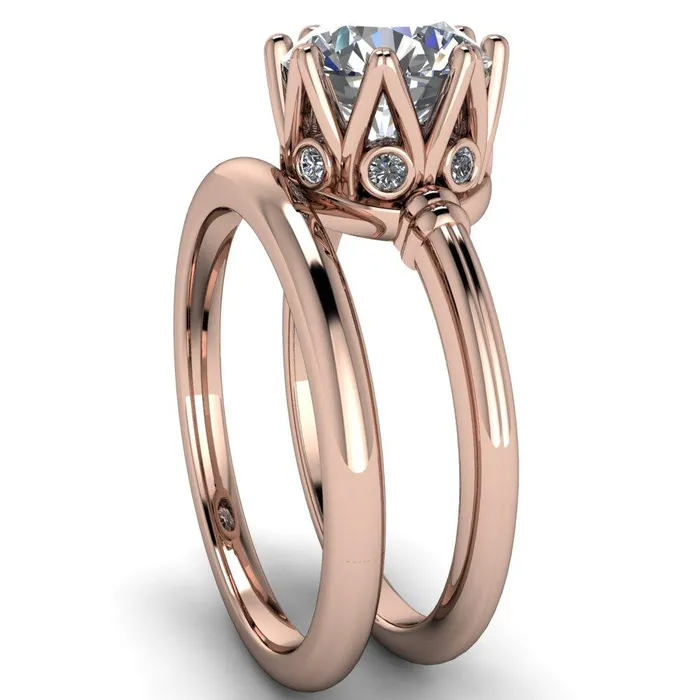 Monarch Round Center Stone Double Groove Shoulder 8 Prong Engagement Ring Fire Brilliance Rings