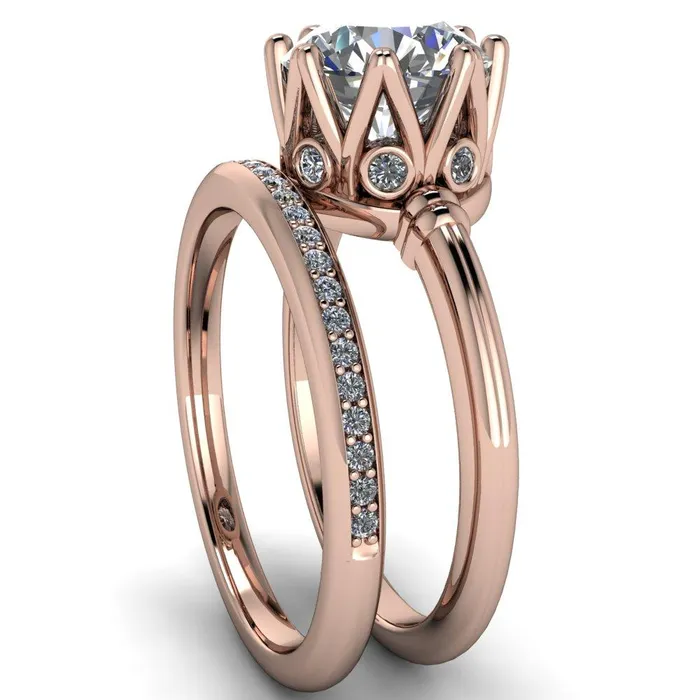 Monarch Round Center Stone Double Groove Shoulder 8 Prong Engagement Ring Fire Brilliance Rings