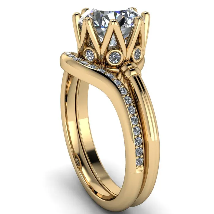 Monarch Round Center Stone Double Groove Shoulder 8 Prong Engagement Ring Fire Brilliance Rings