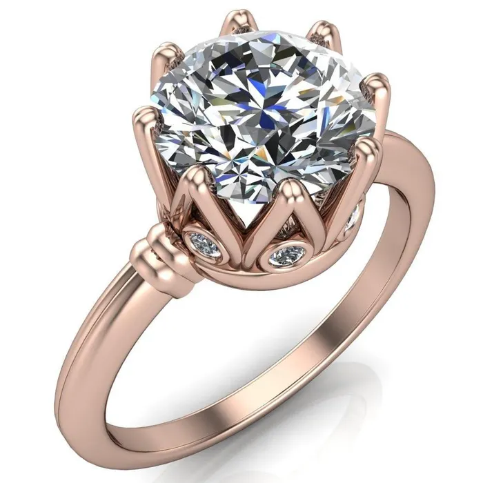 Monarch Round Center Stone Double Groove Shoulder 8 Prong Engagement Ring Fire Brilliance Rings