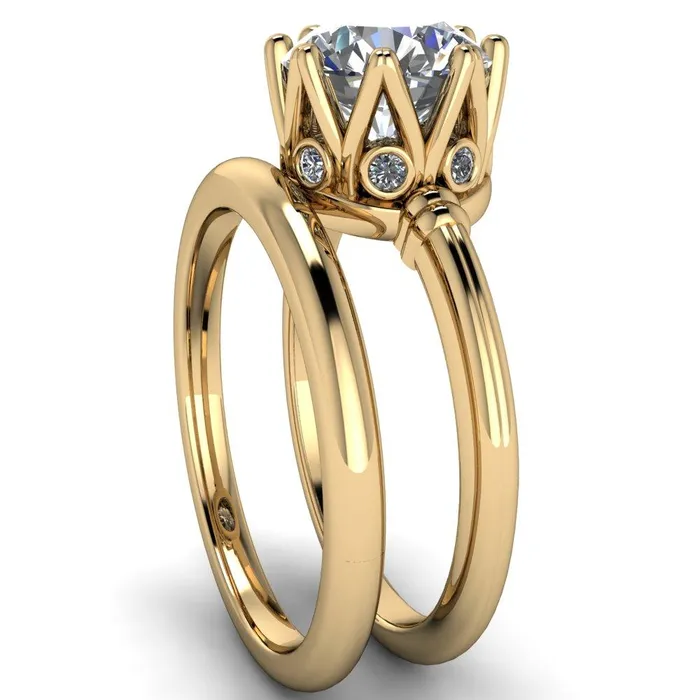 Monarch Round Center Stone Double Groove Shoulder 8 Prong Engagement Ring Fire Brilliance Rings