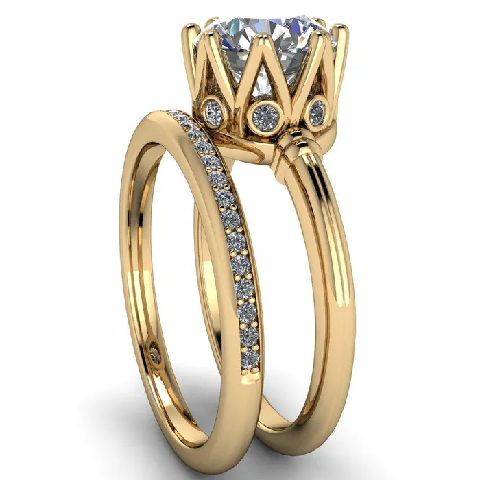 Monarch Round Center Stone Double Groove Shoulder 8 Prong Engagement Ring Fire Brilliance Rings