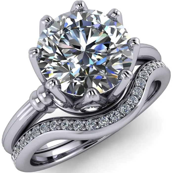 Monarch Round Center Stone Double Groove Shoulder 8 Prong Engagement Ring Fire Brilliance Rings