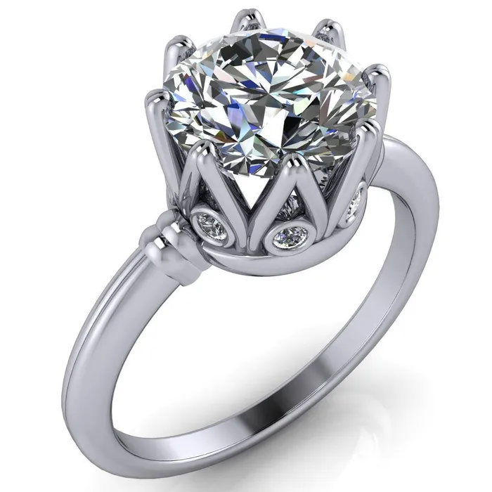 Monarch Round Center Stone Double Groove Shoulder 8 Prong Engagement Ring Fire Brilliance Rings