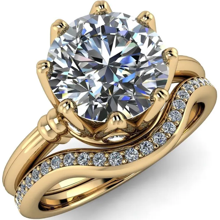 Monarch Round Center Stone Double Groove Shoulder 8 Prong Engagement Ring Fire Brilliance Rings