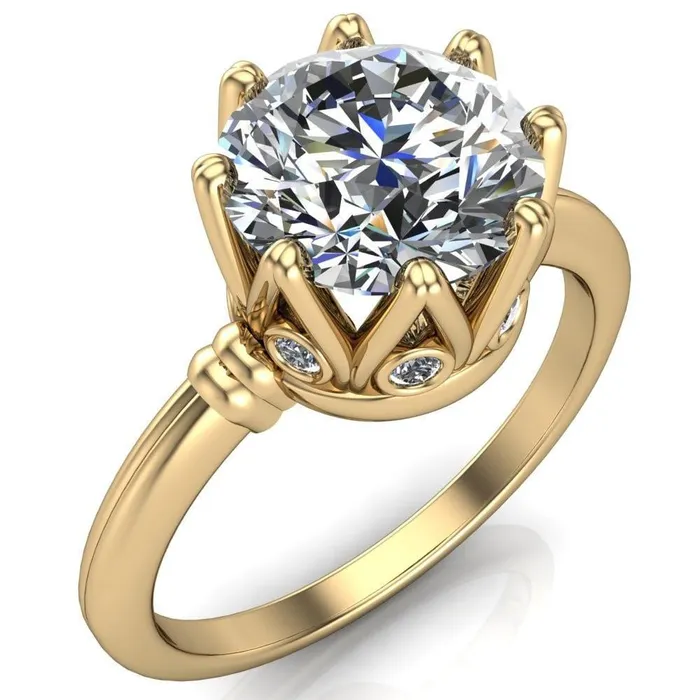 Monarch Round Center Stone Double Groove Shoulder 8 Prong Engagement Ring Fire Brilliance Rings