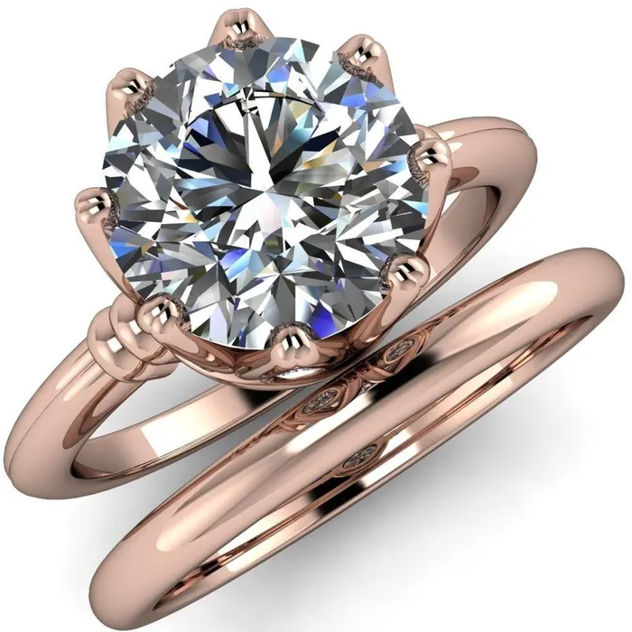 Monarch Round Center Stone Double Groove Shoulder 8 Prong Engagement Ring Fire Brilliance Rings