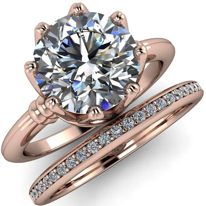Monarch Round Center Stone Double Groove Shoulder 8 Prong Engagement Ring Fire Brilliance Rings