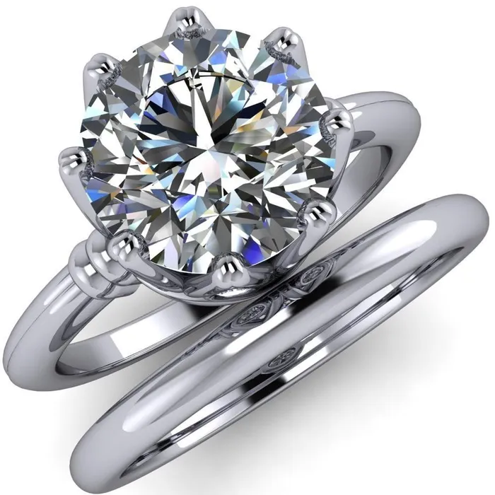 Monarch Round Center Stone Double Groove Shoulder 8 Prong Engagement Ring Fire Brilliance Rings