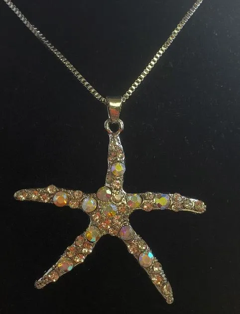 N1304 Silver Iridescent Rhinestone Starfish Necklace with FREE Earrings polly Necklaces N1304 Silver Iridescent Rhinestone Starfish Necklace with FREE Earrings polly Necklaces
