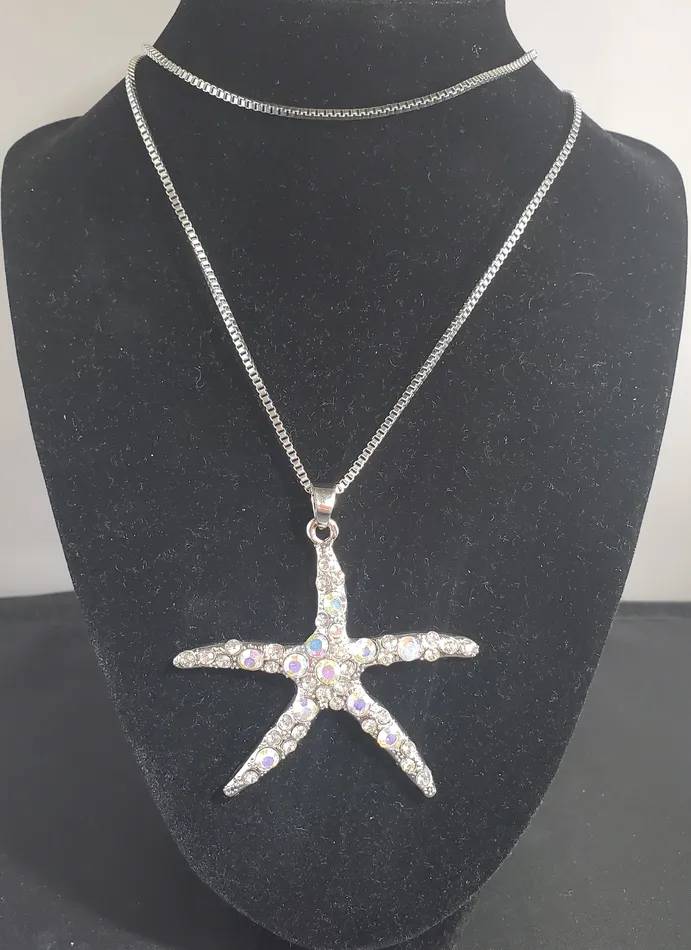 N1304 Silver Iridescent Rhinestone Starfish Necklace with FREE Earrings polly Necklaces