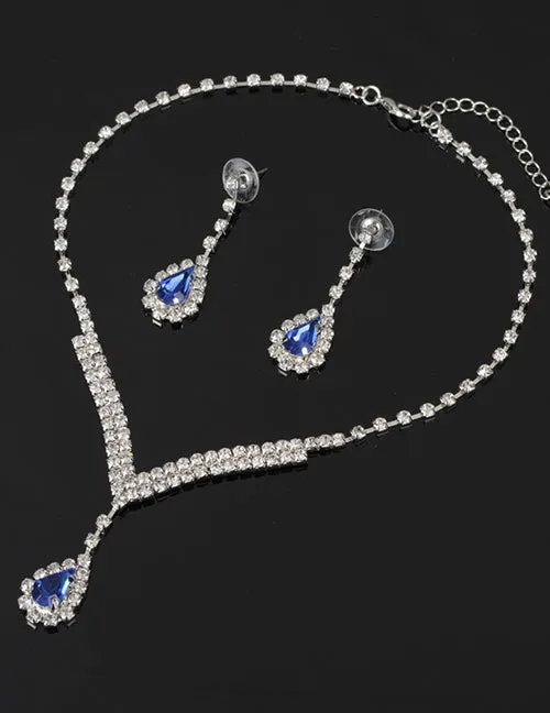 N1630 Silver Rhinestone Blue Gemstone Necklace with FREE Earrings 02 Necklaces