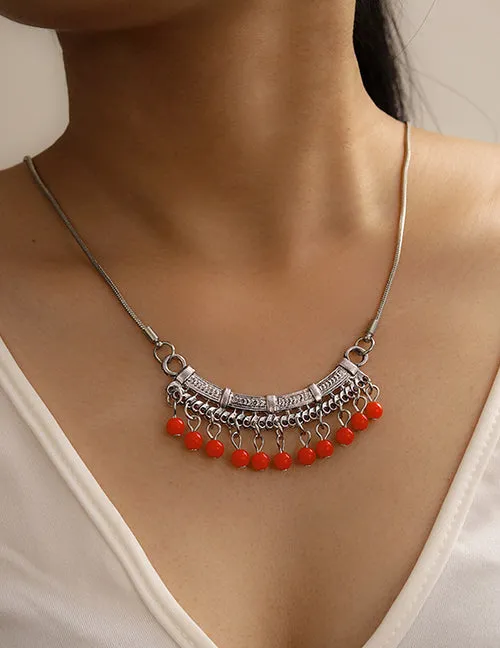 N246 Silver Red Tassel Necklace With FREE Earrings 02 Necklaces