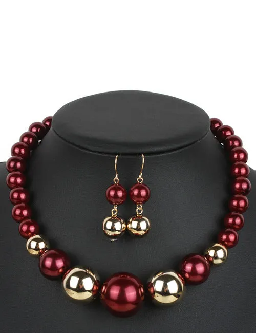 N324 Burgundy Gold Pearl Necklace with FREE Earrings 02 Necklaces