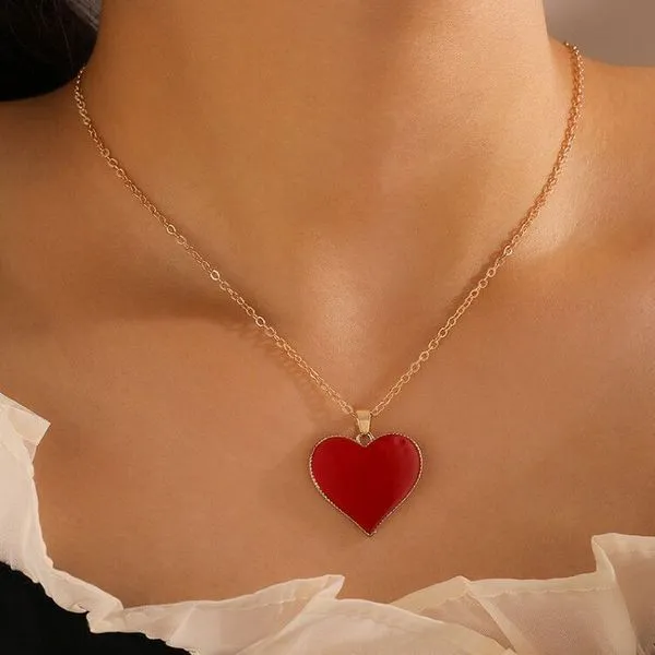 N707 Gold Red Baked Enamel Heart Necklace with FREE Earrings 01 Necklaces