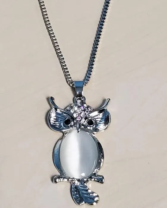 N715 Silver Iridescent Rhinestone Moonstone Owl Necklace with FREE Earrings POLLY Necklaces N715 Silver Iridescent Rhinestone Moonstone Owl Necklace with FREE Earrings POLLY Necklaces