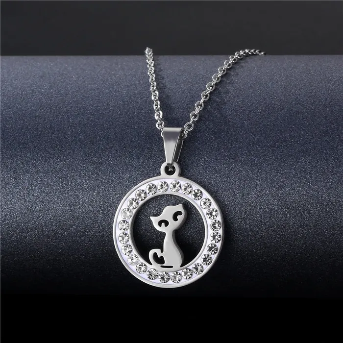 N790 Silver Round Rhinestone Cat Necklace FREE Earrings 01 Necklaces