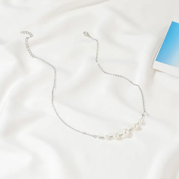 Necklaces 01 N1342 Silver Chain Multi Pearl Necklace with FREE Earrings