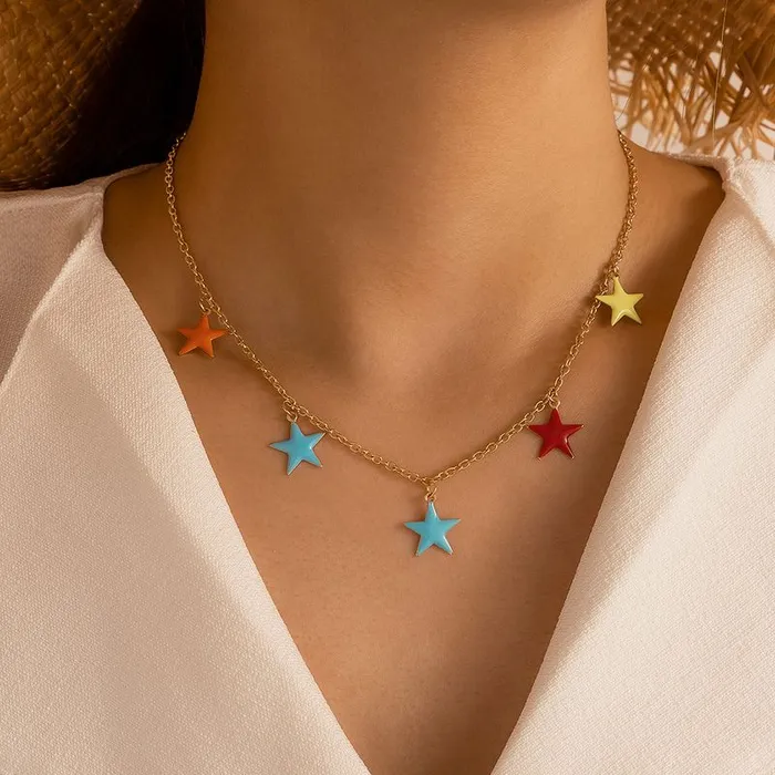 Necklaces 01 N1471 Gold Multi Color Star Necklace with FREE Earrings