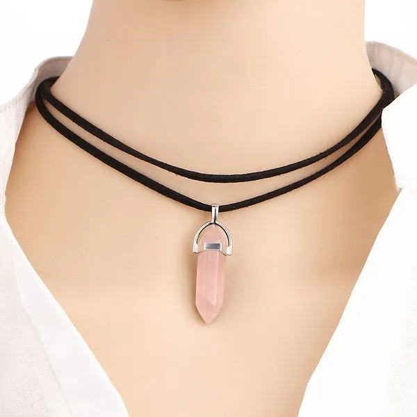 Necklaces 01 N197 Pale Pink Crystal Leather Cord Choker Necklace with FREE Earrings Necklaces 01 N197 Pale Pink Crystal Leather Cord Choker Necklace with FREE Earrings