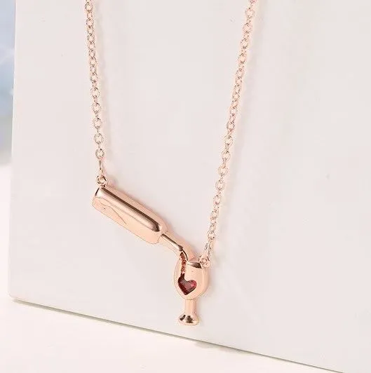 Necklaces 01 N390 Rose Gold Wine Bottle Pouring into Glass with Heart Necklace with FREE Earrings Necklaces 01 N390 Rose Gold Wine Bottle Pouring into Glass with Heart Necklace with FREE Earrings