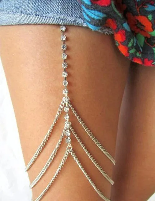 Necklaces 02 B929 Silver Chains Rhinestones Leg Chain