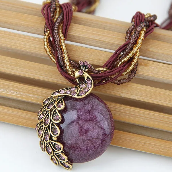 Necklaces 02 N588 Maroon Peacock Gem Necklace with FREE Earrings