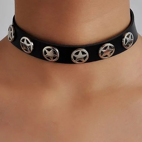 Necklaces AZ822 Silver Black Leather Star Choker Necklace with FREE Earrings 02
