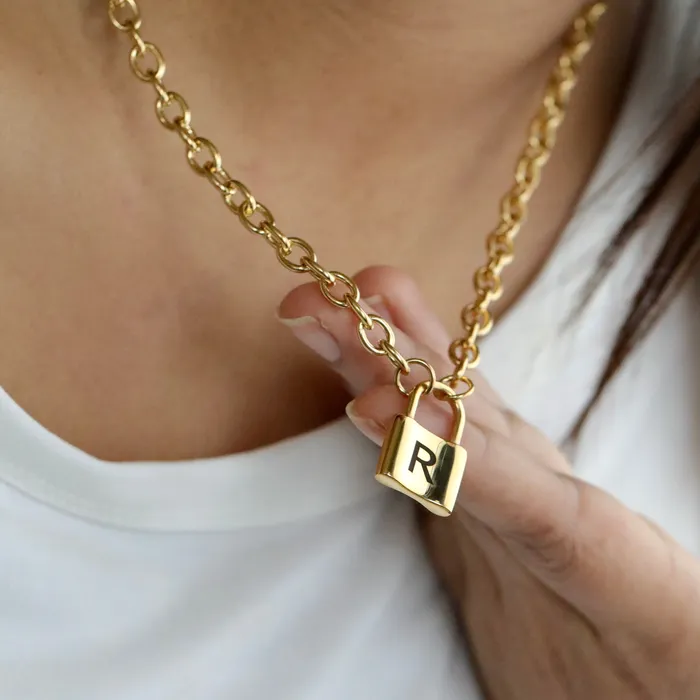 Necklaces Jewelvers 18K GoldFilled Padlock Choker Necklace Personalized Initial Necklace