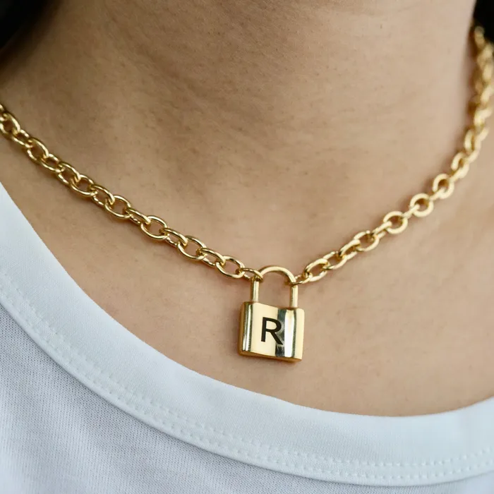 Necklaces Jewelvers 18K GoldFilled Padlock Choker Necklace Personalized Initial Necklace