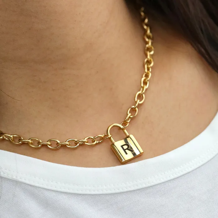 Necklaces Jewelvers 18K GoldFilled Padlock Choker Necklace Personalized Initial Necklace