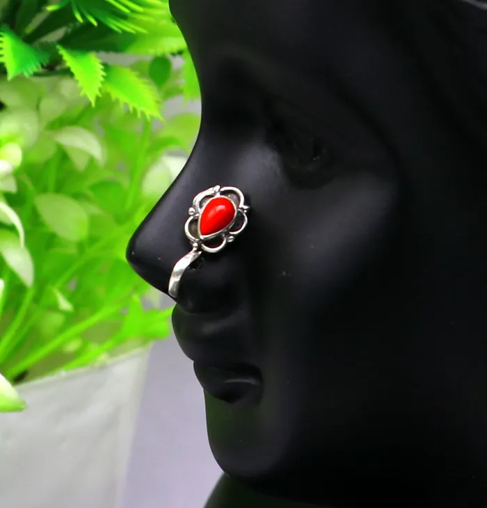 Necklaces Modern trendy stylish 925 sterling silver customized single coral nose pin best gift nose plug clipon nose pin fabulous party wear np110 TRIBAL ORNAMENTS