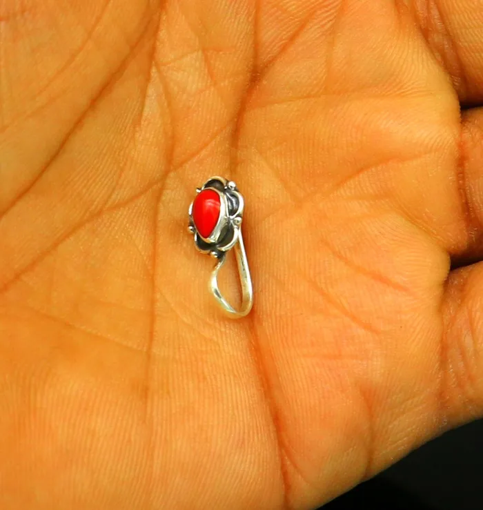 Necklaces Modern trendy stylish 925 sterling silver customized single coral nose pin best gift nose plug clipon nose pin fabulous party wear np110 TRIBAL ORNAMENTS