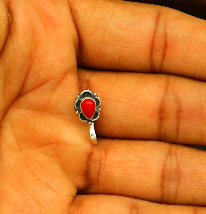 Necklaces Modern trendy stylish 925 sterling silver customized single coral nose pin best gift nose plug clipon nose pin fabulous party wear np110 TRIBAL ORNAMENTS