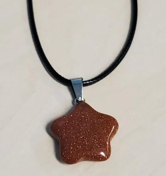 Necklaces N1351 Copper Glitter Star Natural Quartz Stone on Leather Cord Necklace with FREE Earrings POLLY