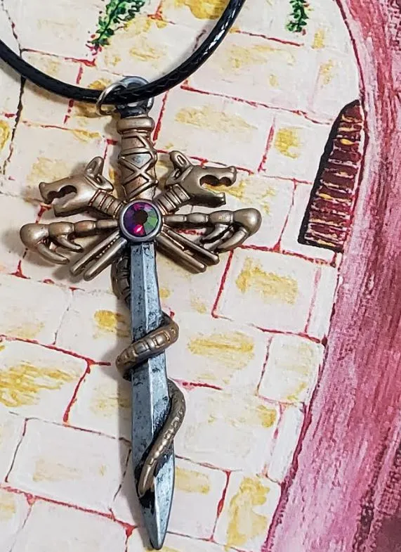 Necklaces N1820 Silver Bronze Decorated Sword Iridescent Gem Leather Cord Necklace with FREE EARRINGS 02 Necklaces N1820 Silver Bronze Decorated Sword Iridescent Gem Leather Cord Necklace with FREE EARRINGS 02
