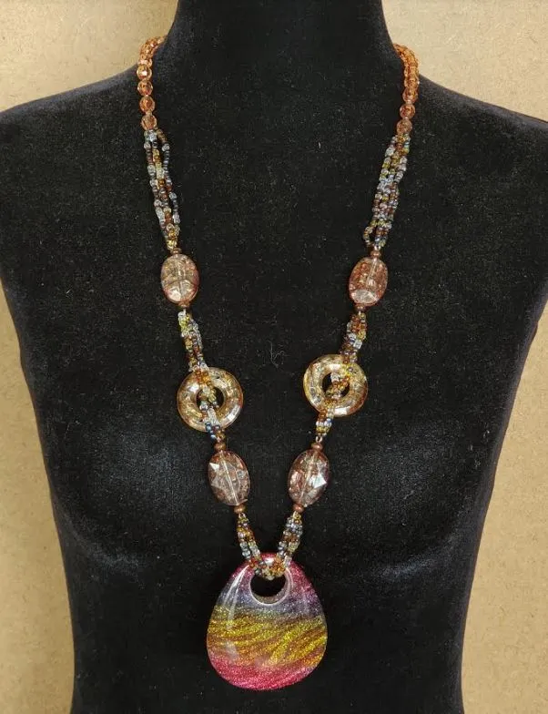 Necklaces N2060 Brown Bead Rainbow Glitter Acrylic Teardrop Long Necklace With Free Earrings polly Necklaces N2060 Brown Bead Rainbow Glitter Acrylic Teardrop Long Necklace With Free Earrings polly