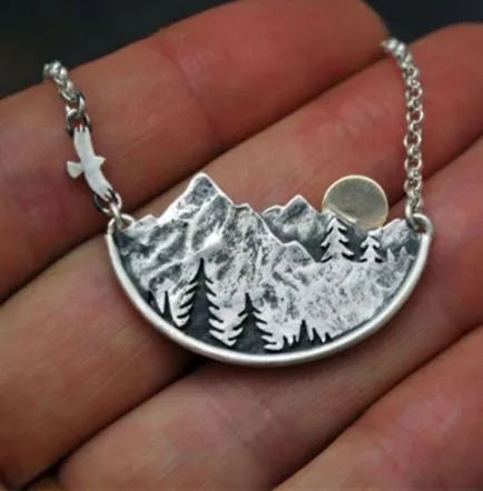 Necklaces polly N1565 Silver Mountain Scene Necklace with FREE Earrings