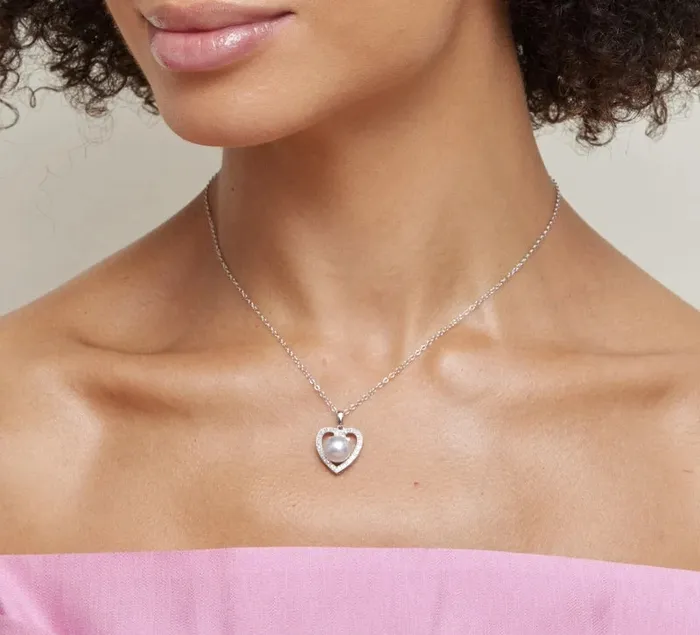 Necklaces spt Akoya Pearl HeartShaped Diamond Pendant Choose Your Pearl Color